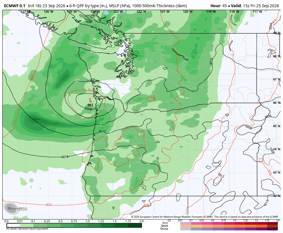 ECMWF model showing low center tracking right into the mouth of the Columbia River Friday morning.