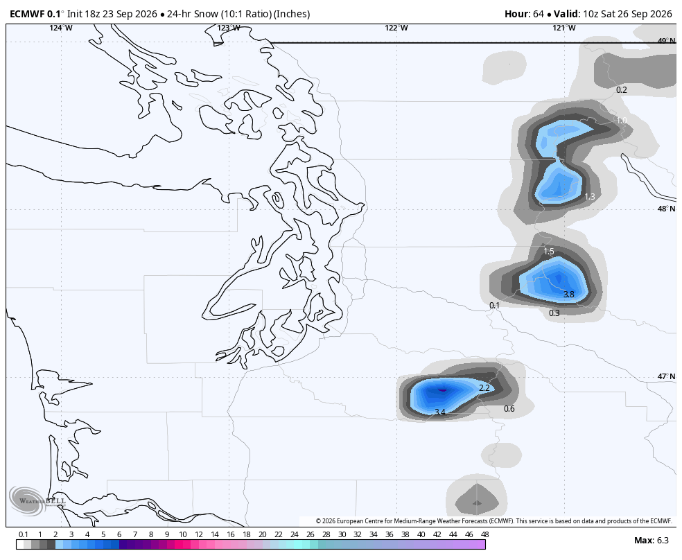 ECMWF model showing snowfall predictions by Saturday morning, showing a few inches possible on the highest Cascade peaks. (Well, hey, the map isn't blank for once!