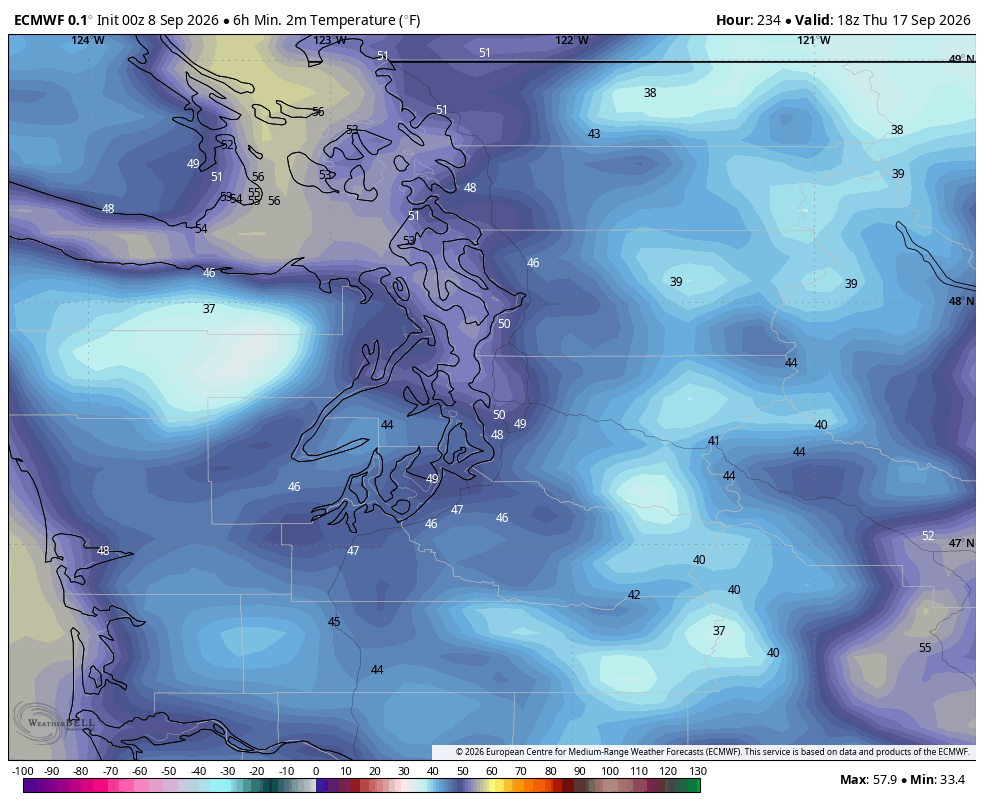 ECMWF model run predicting lows in the upper 40s (!) on next Thursday.