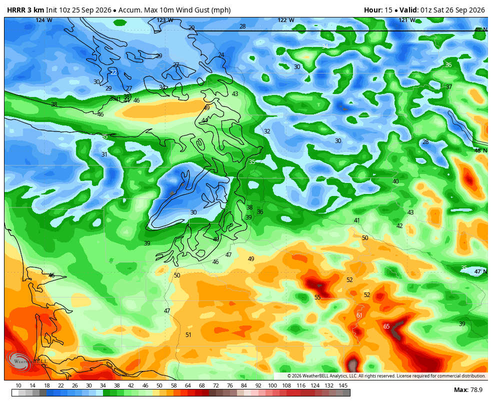 HRRR model showing predicted peak gusts of the day thru Friday evening Sept. 25.