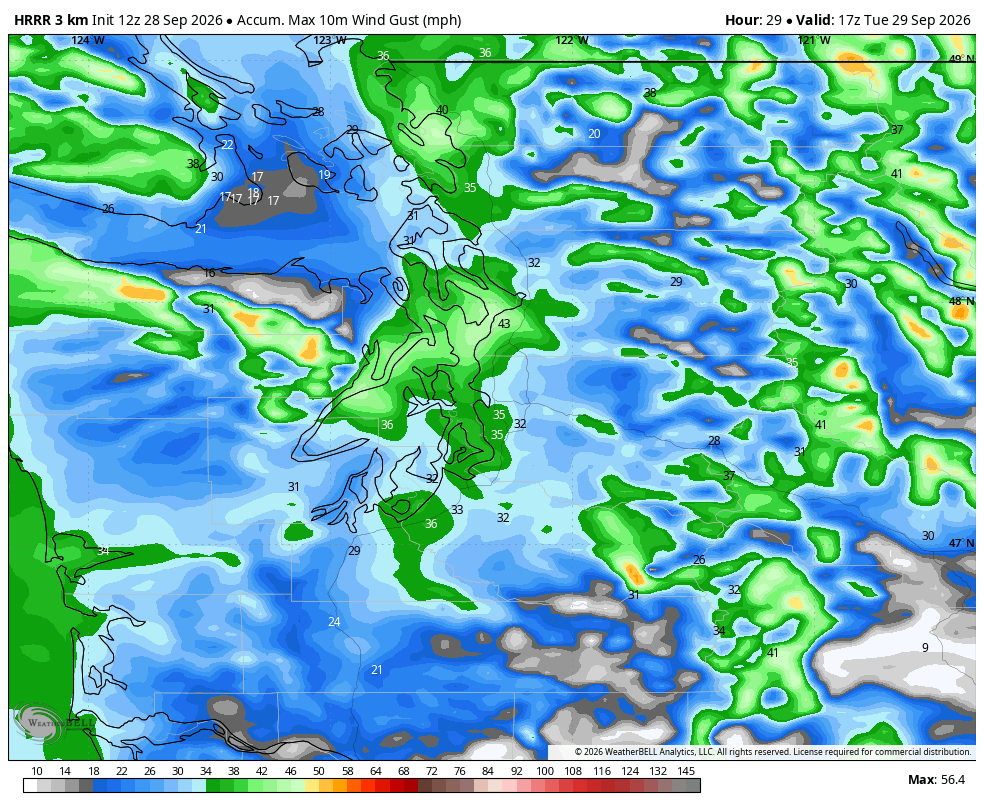 HRRR model showing predicted peak wind gusts Tuesday.