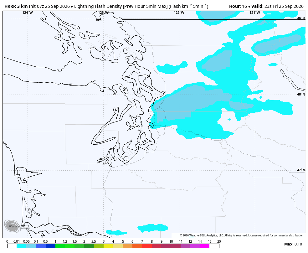 HRRR model showing potential Puget Sound Convergence Zone lightning Friday afternoon.