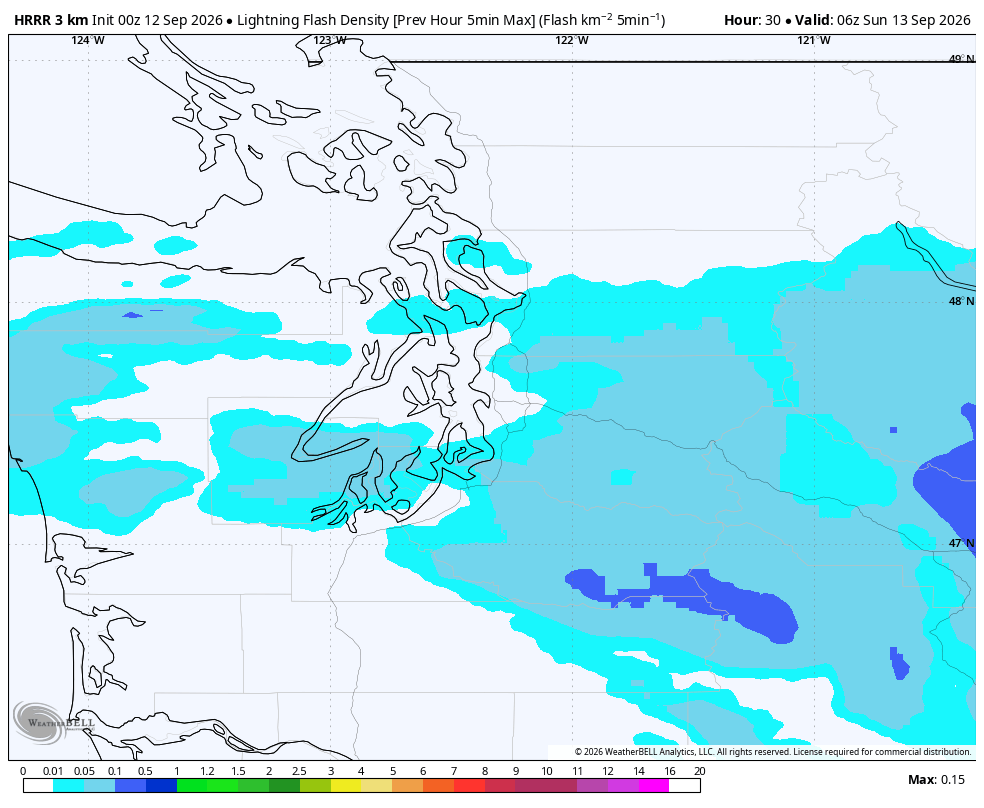 HRRR Lightning model for Saturday late evening. 
