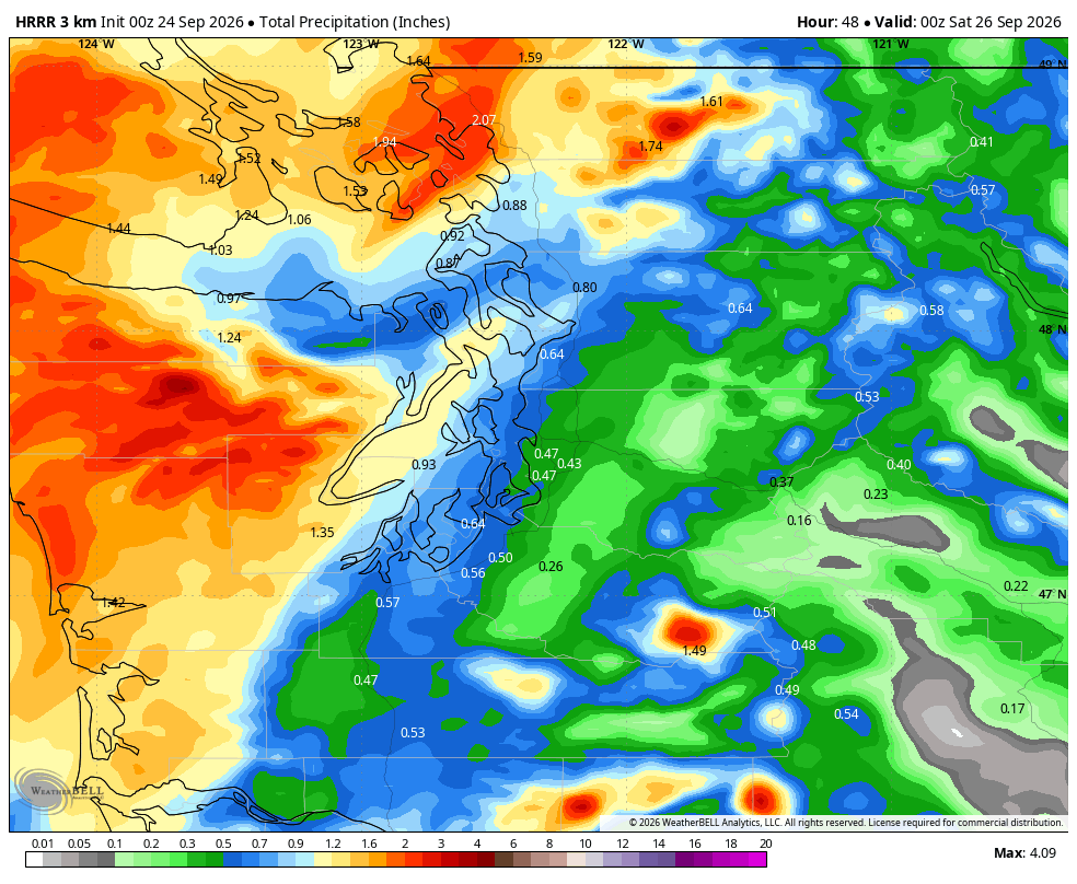 HRRR predicted total rainfall by Friday evening.