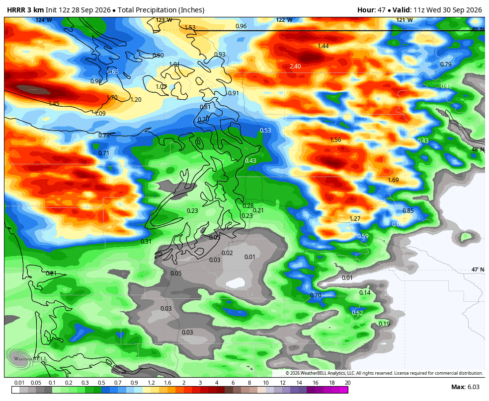 HRRR model showing predicted total rainfall by late Tuesday across Western Washington.
