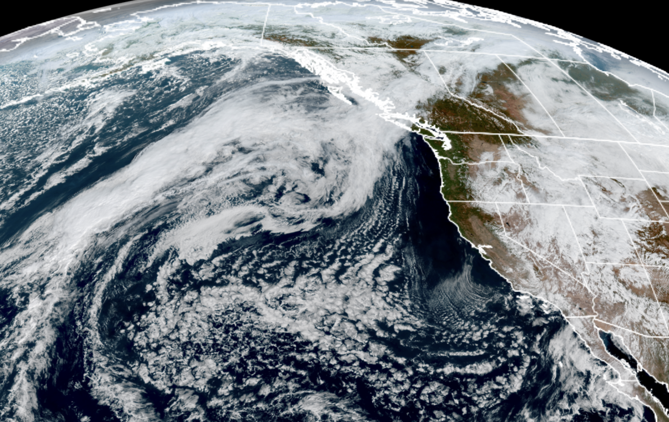 GOES-18 satellite image showing a storm heading into B.C on Oct. 12, 2026. (NOAA / CIRA/ RAAM-B) (Anyone else see what looks like a sideways zombie head in the clouds of Oregon?)