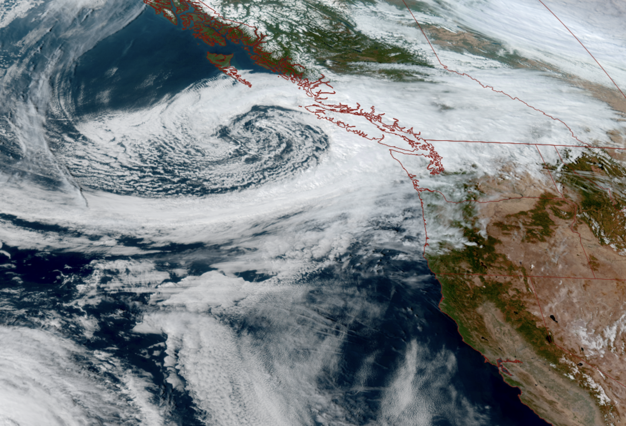 GOES-18 image of swirling low pressure center off the Washington coast on Oct. 24, 2026. (NOAA / CIRA / RAAM-B)