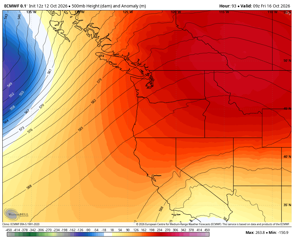 ECMWF model showing a big ridge of high pressure over the West Coast on Friday.
