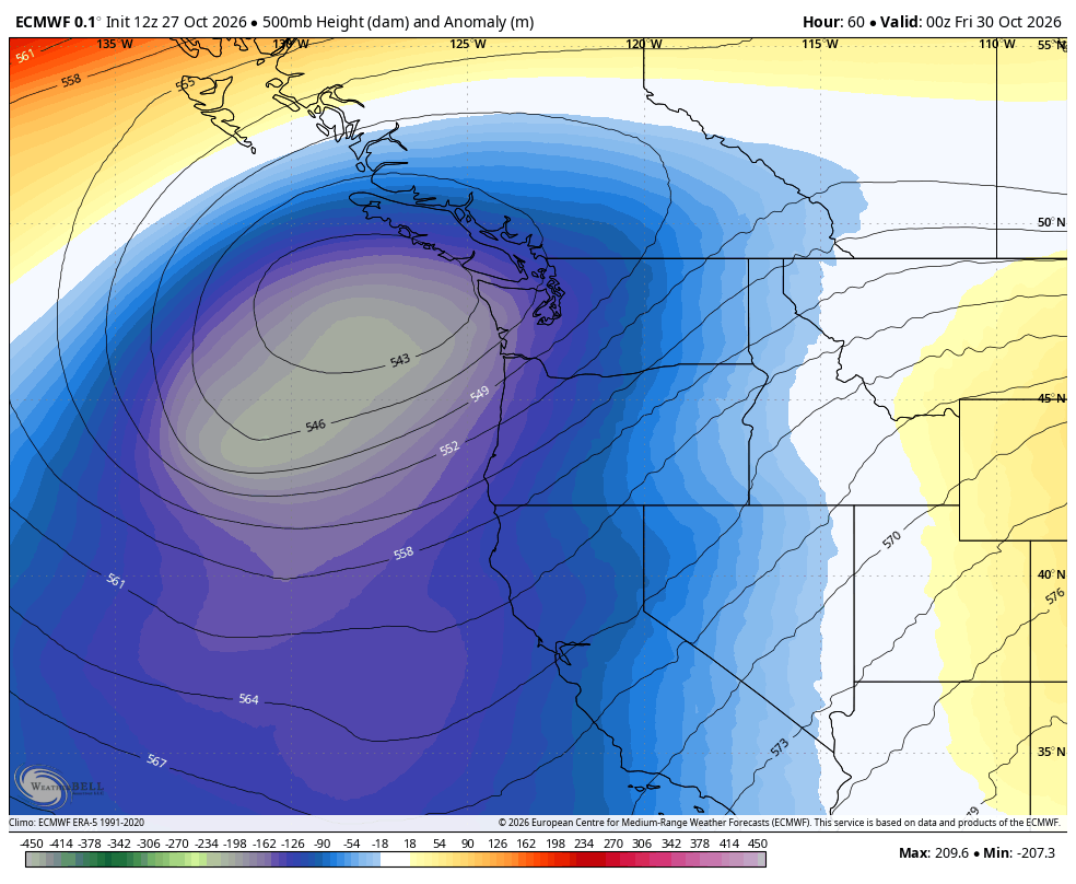 ECMWF 500 mb height anomaly forecast for Thursday showing still a potent upper level trough in the vicinity of the Northwest.