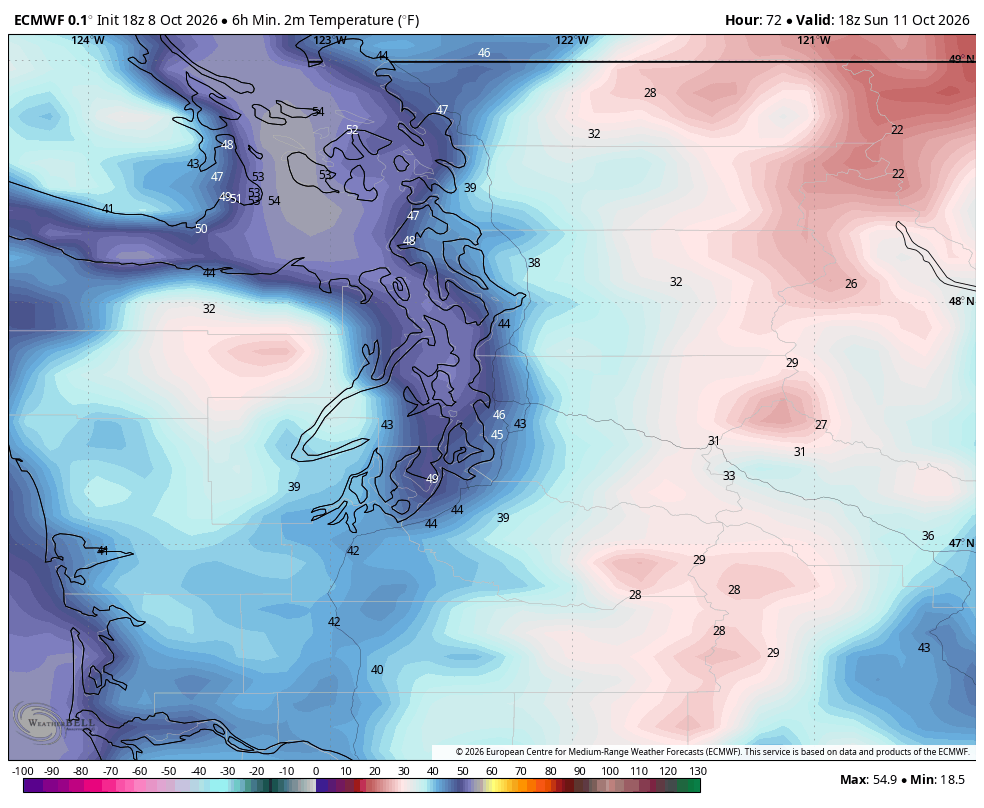 EMCWF predicted low temperatures for Sunday morning.