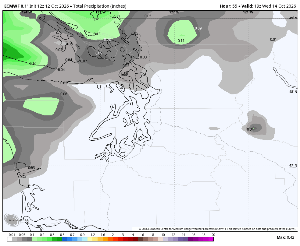 ECMWF model showing total predicted rainfall for Tuesday and Wednesday as a weather system just nicks northwestern Washington as it heads into B.C.
