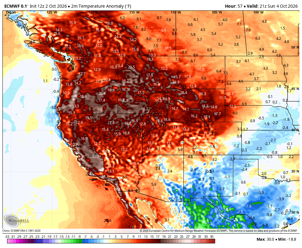 ECMWF map showing temperature anomaly forecast for Sunday -- very much above-average temps across the West.