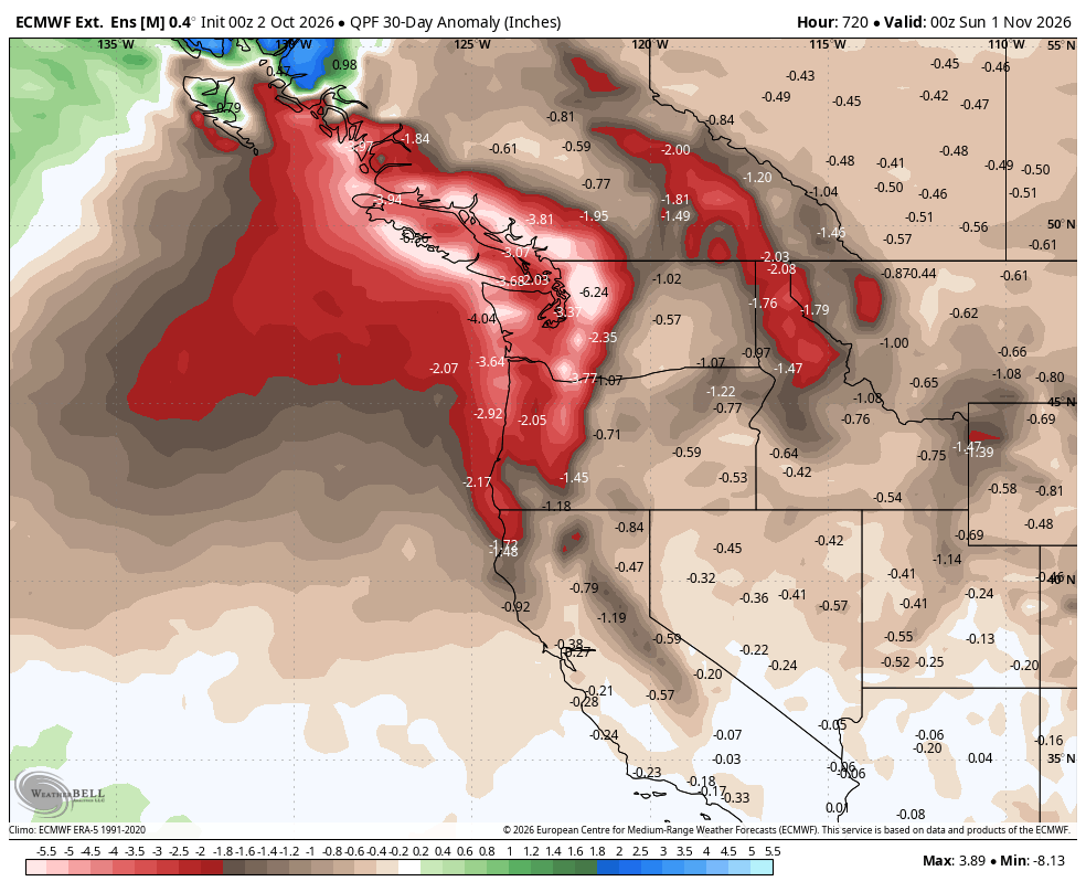ECMWF long range "weeklies" map showing a projected strong rainfall deficit compared to average for western Washington and Oregon for the month of October
