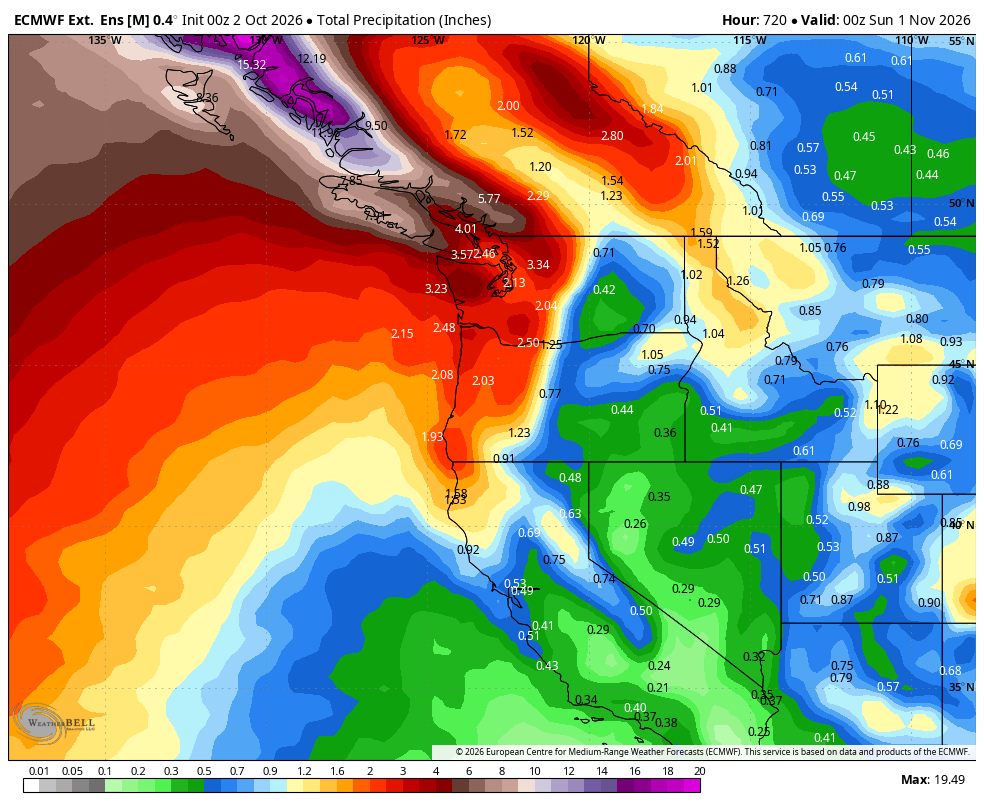 ECMWF long range "weeklies" map showing projected 30-day rainfall totals in the West. See the Northwest is expecting *some* rain this month just likely below average amounts.