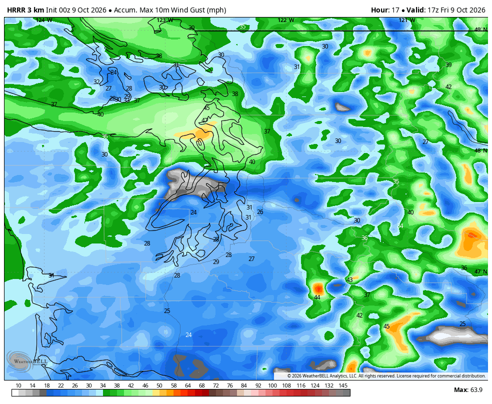 HRRR model showing predicted peak wind gusts by late Friday morning.