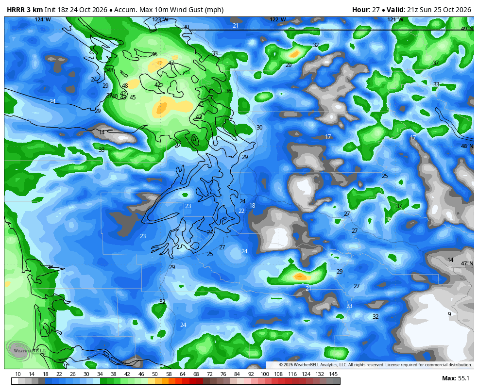 HRRR peak wind gust forecast by midday Sunday.