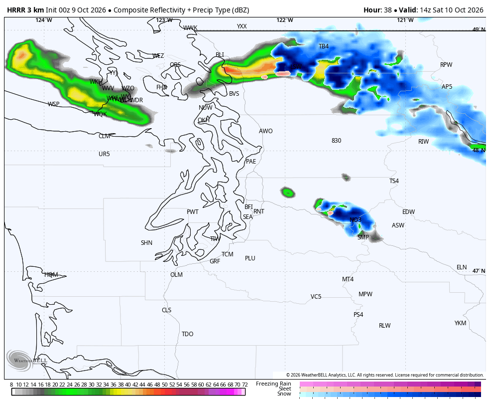 HRRR hourly model showing predicted radar late Friday -- hey there's some blue! (Snow!) depicted in the North Cascades! (Not a lot though.)