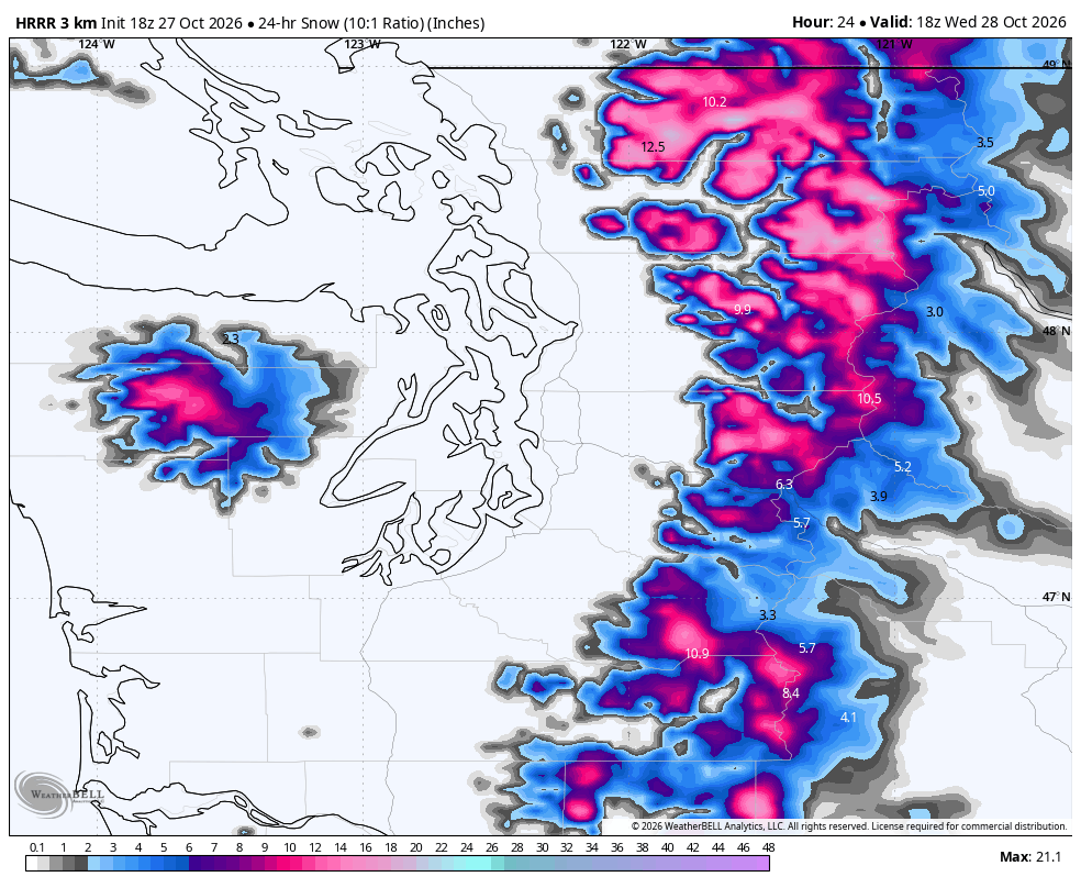 HRRR predicted snow totals in the mountains by Wednesday.