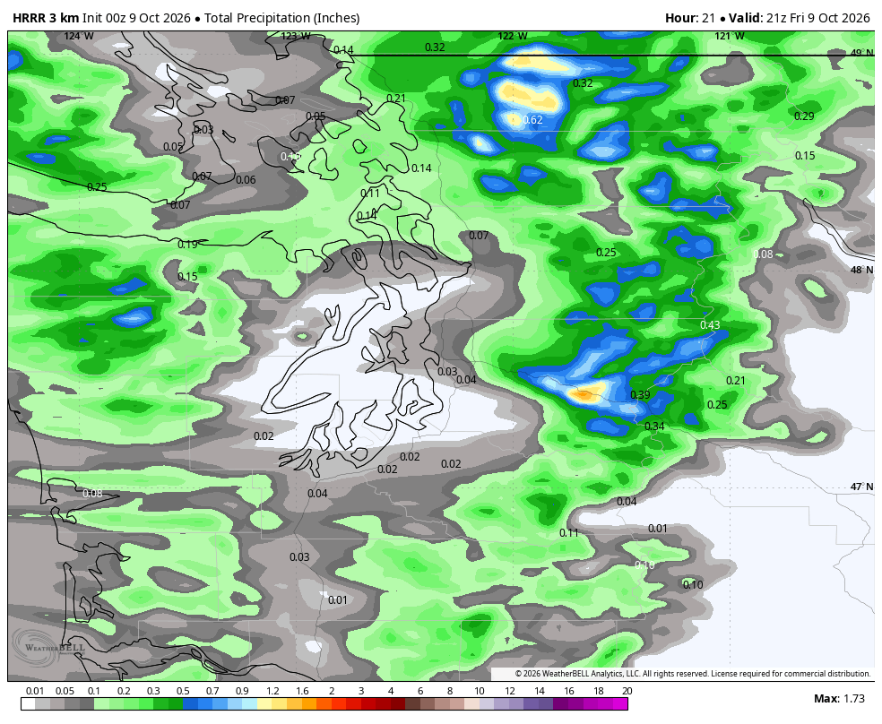 HRRR model showing total rainfall predicted by early Friday afternoon.