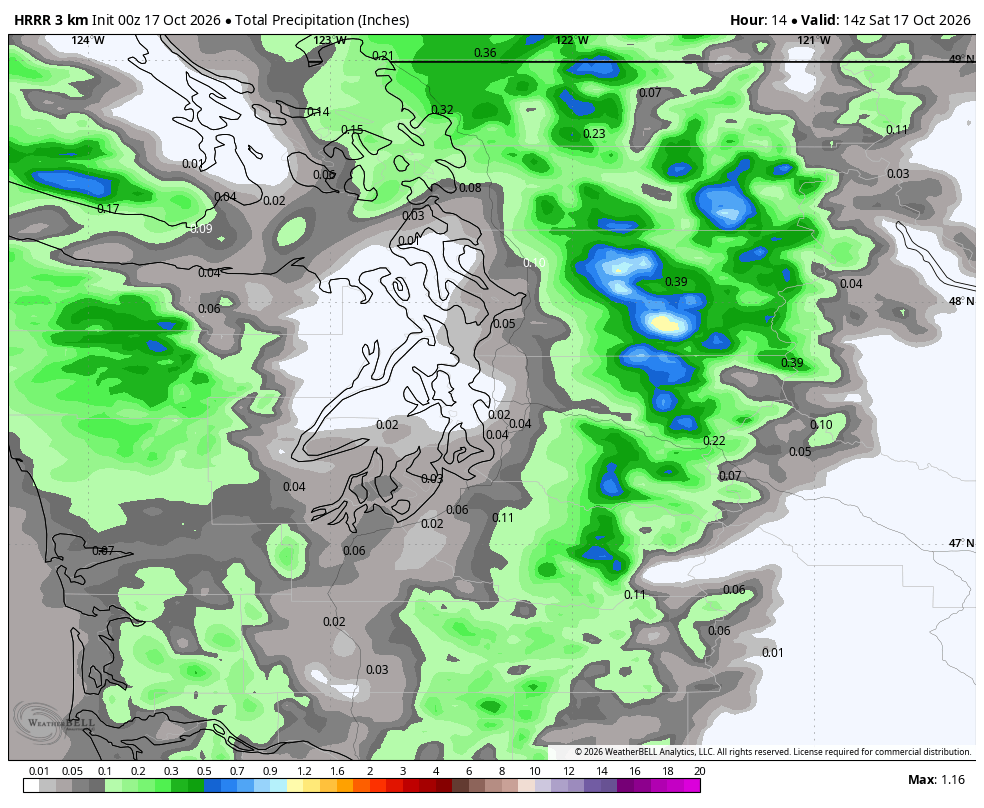 HRRR map showing predicted rainfall through midday Oct. 17, 2026.