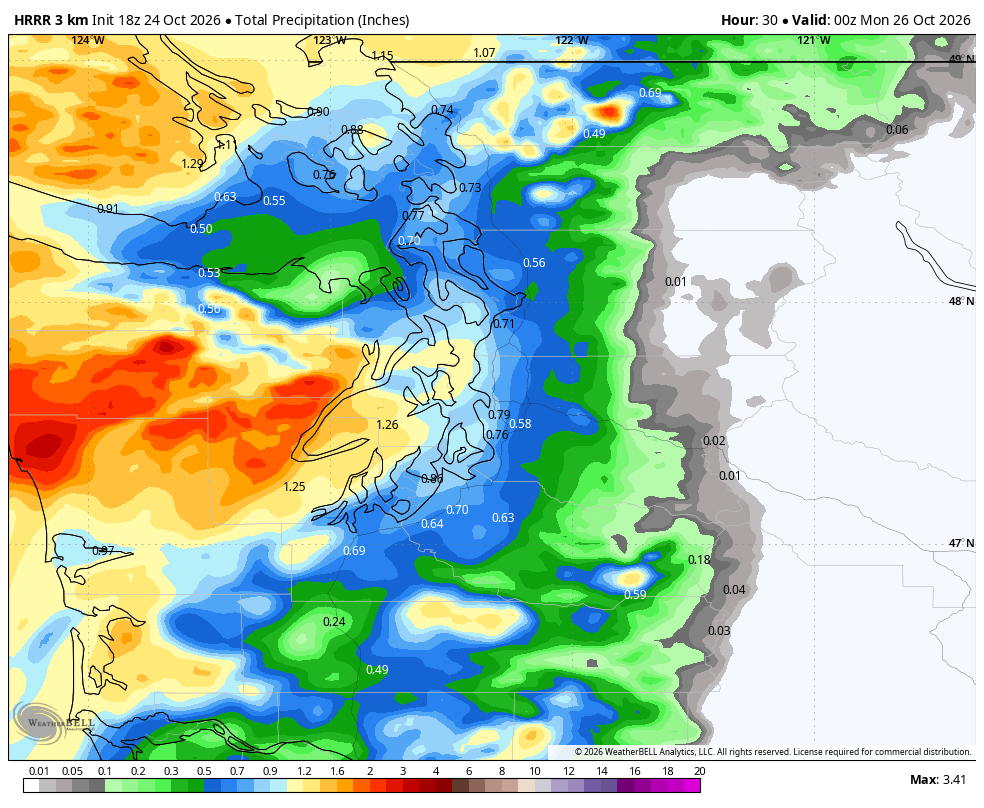 HRRR model predicted total rainfall through early Sunday afternoon.